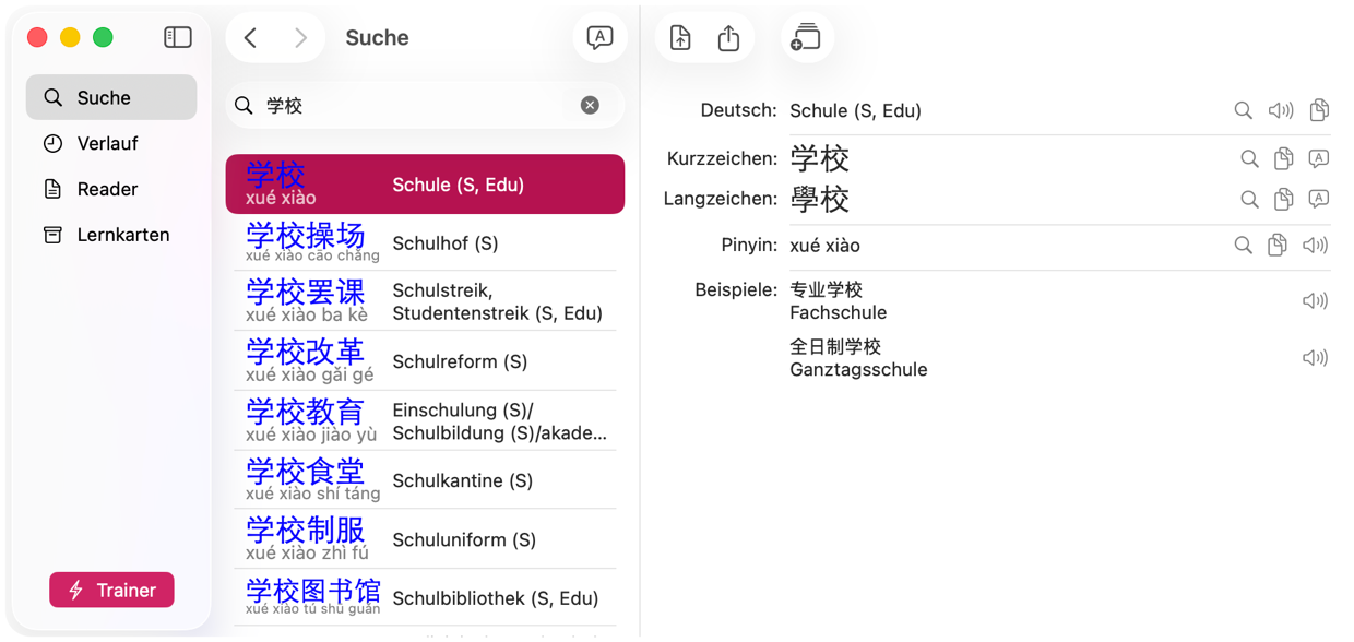 KTdict-Suchergebnisse für ein chinesisches Wort mit Schriftzeichen, Pinyin und deutscher Bedeutung